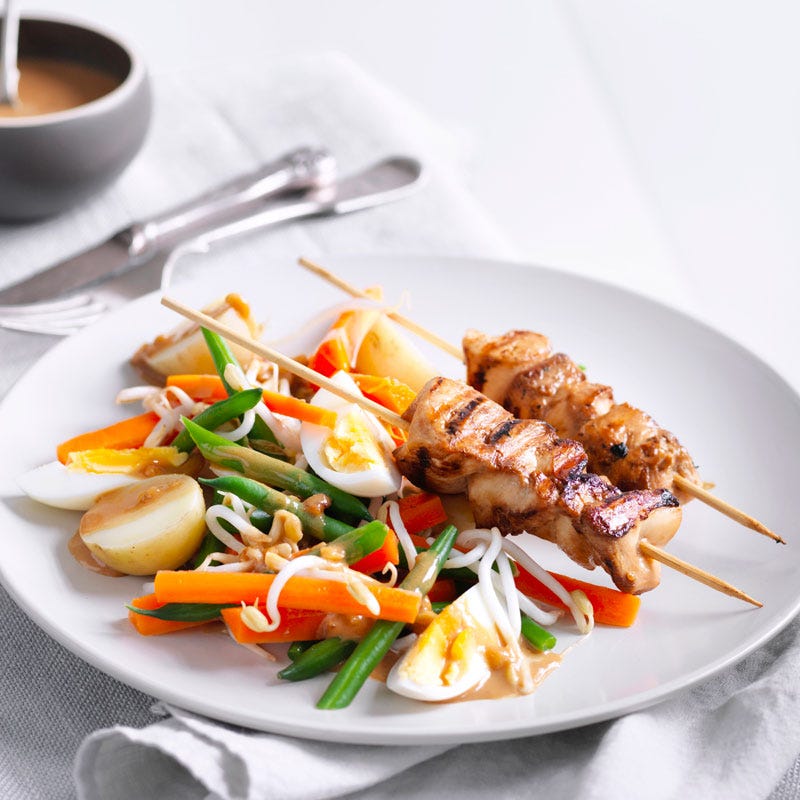 Chicken satay skewers with gado gado salad
