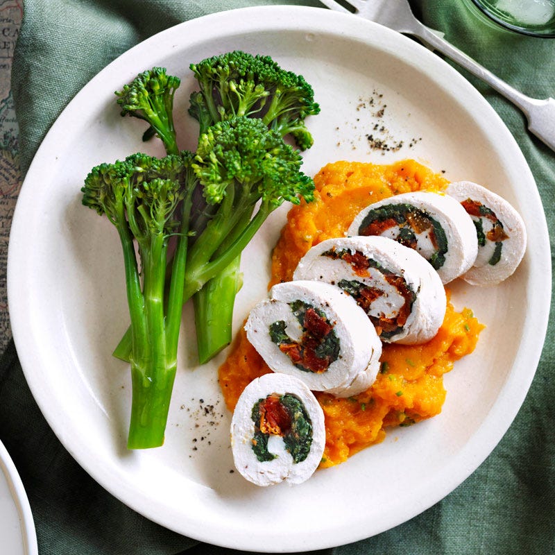 Spinach and tomato chicken with pumpkin mash