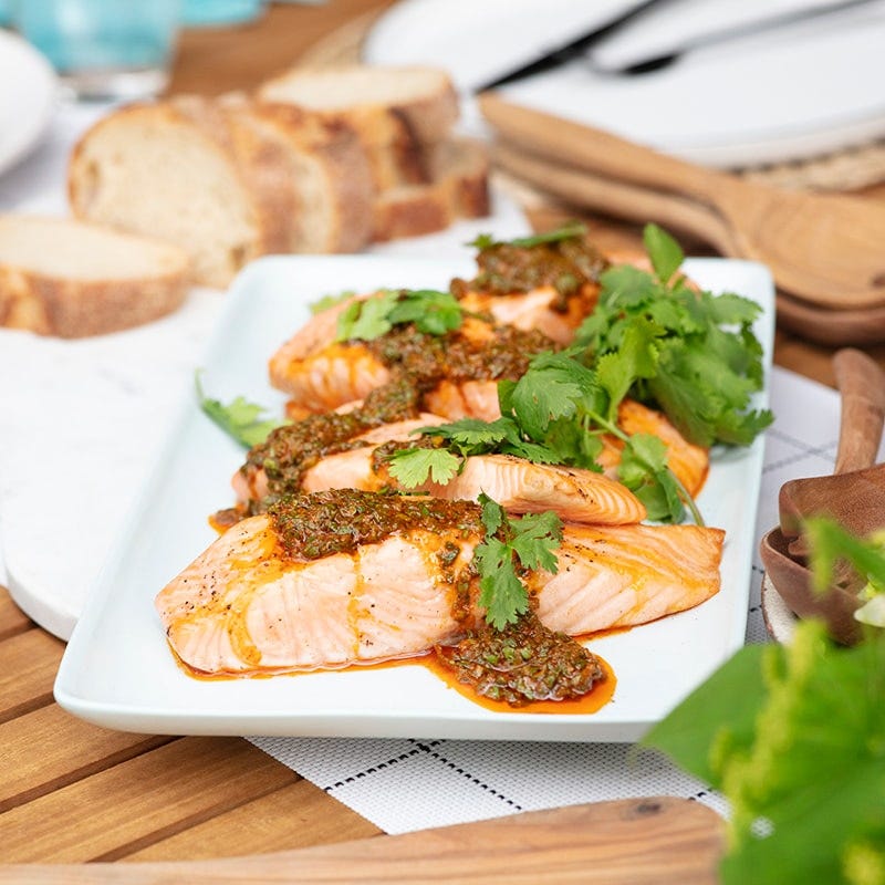 Salmon with chermoula green beans and asparagus