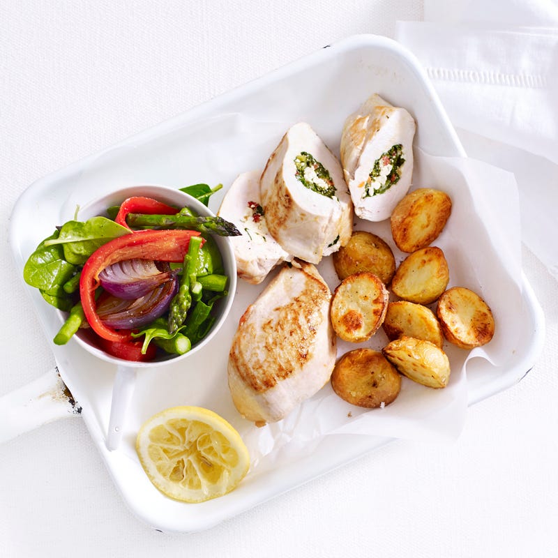 Spinach, capsicum and feta stuffed chicken
