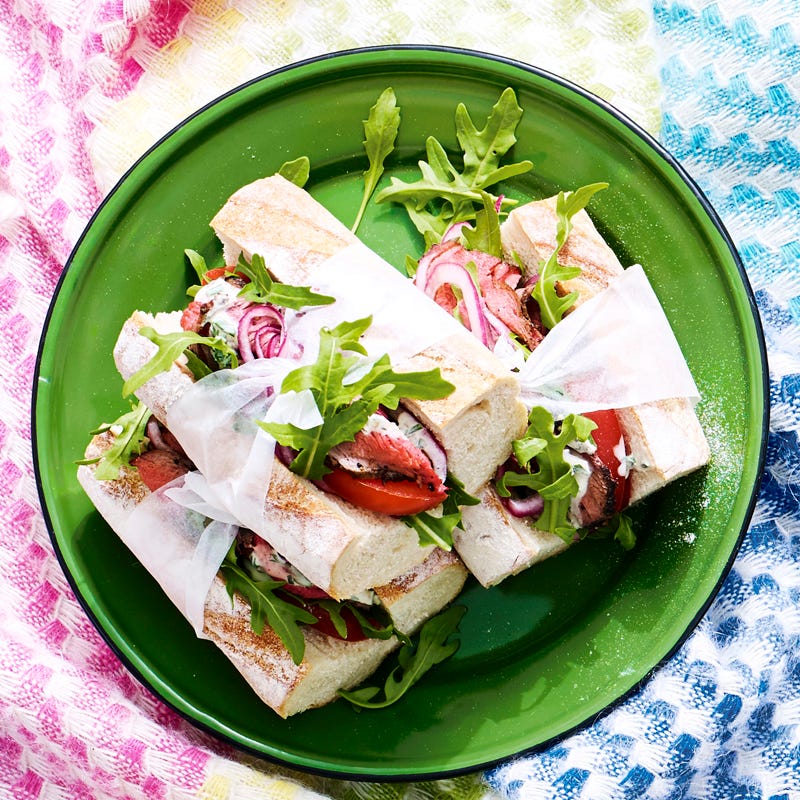 Photo of Rare roast pepper beef baguettes with pickled onions, herb cream and rocket by WW