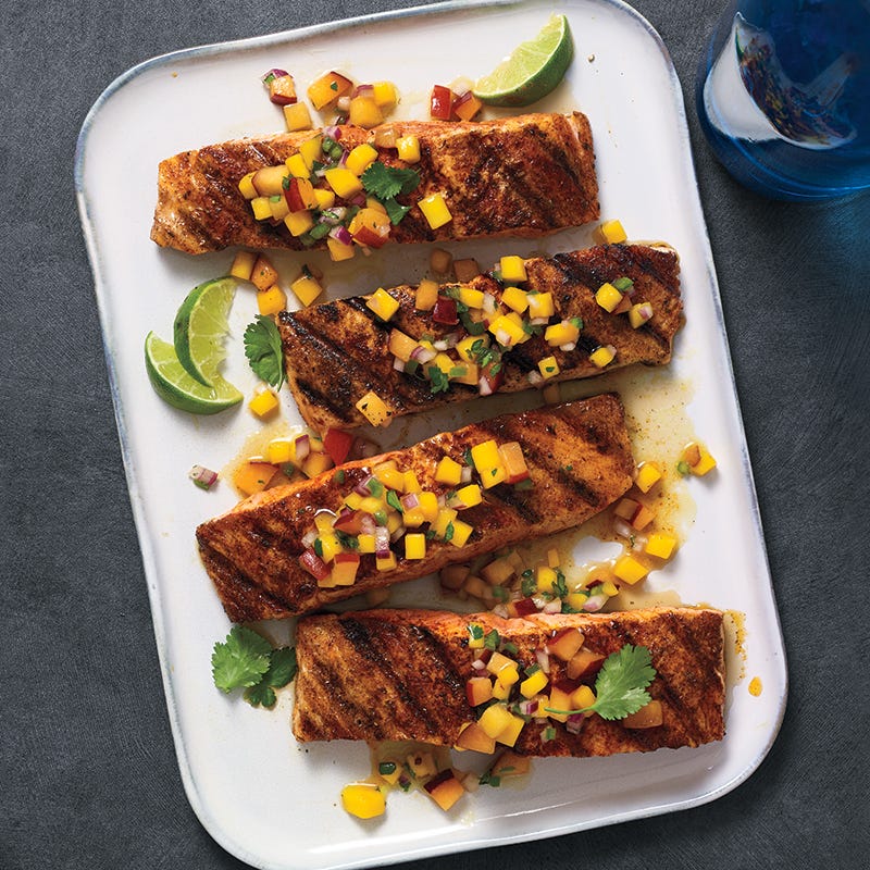 Chili-Rubbed Salmon with Mango-Peach Salsa