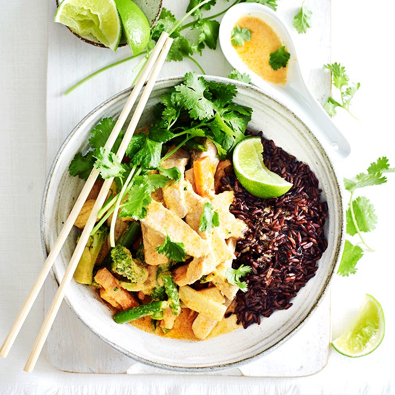 Photo of Butterfly pork steak with red curry sauce and black rice by WW