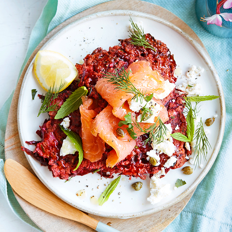 Photo of Beetroot and cauliflower fritters topped with smoked salmon by WW