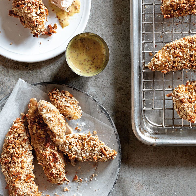 Pretzel-crusted chicken tenders with honey-mustard dip