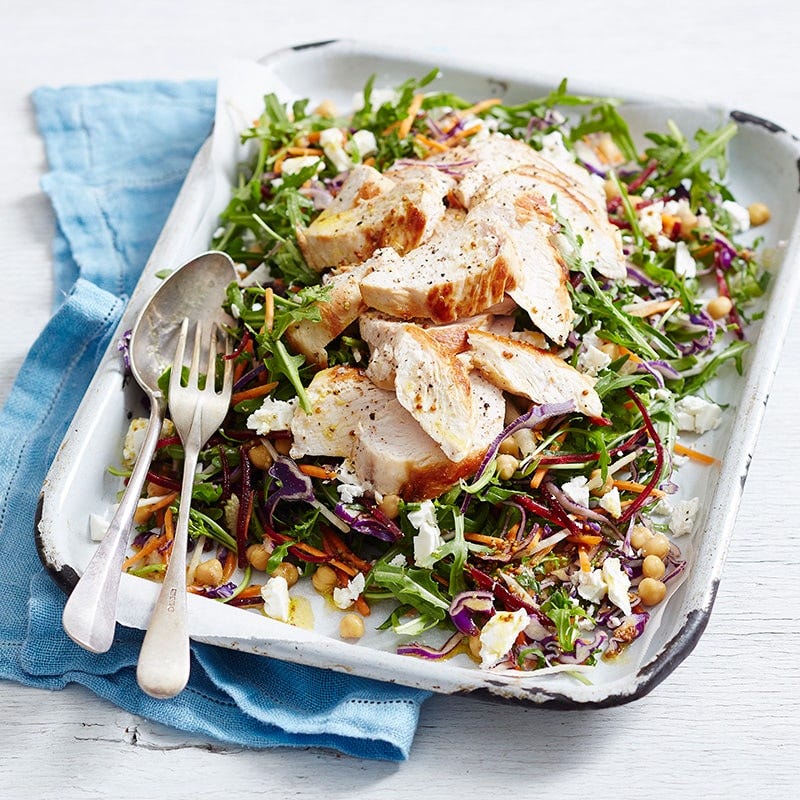 Chicken with kale and chickpea slaw