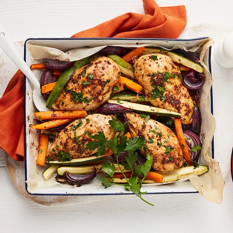 Balsamic and mustard chicken tray bake