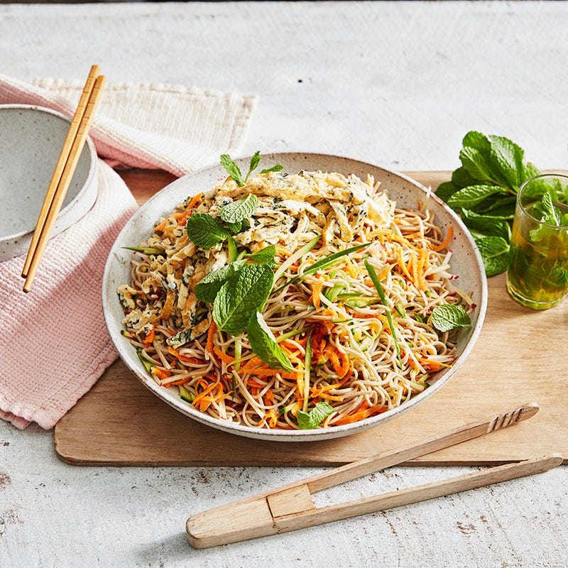 Soba noodle and shredded omelette salad