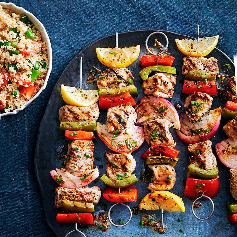 Pork skewers with honey mustard dressing