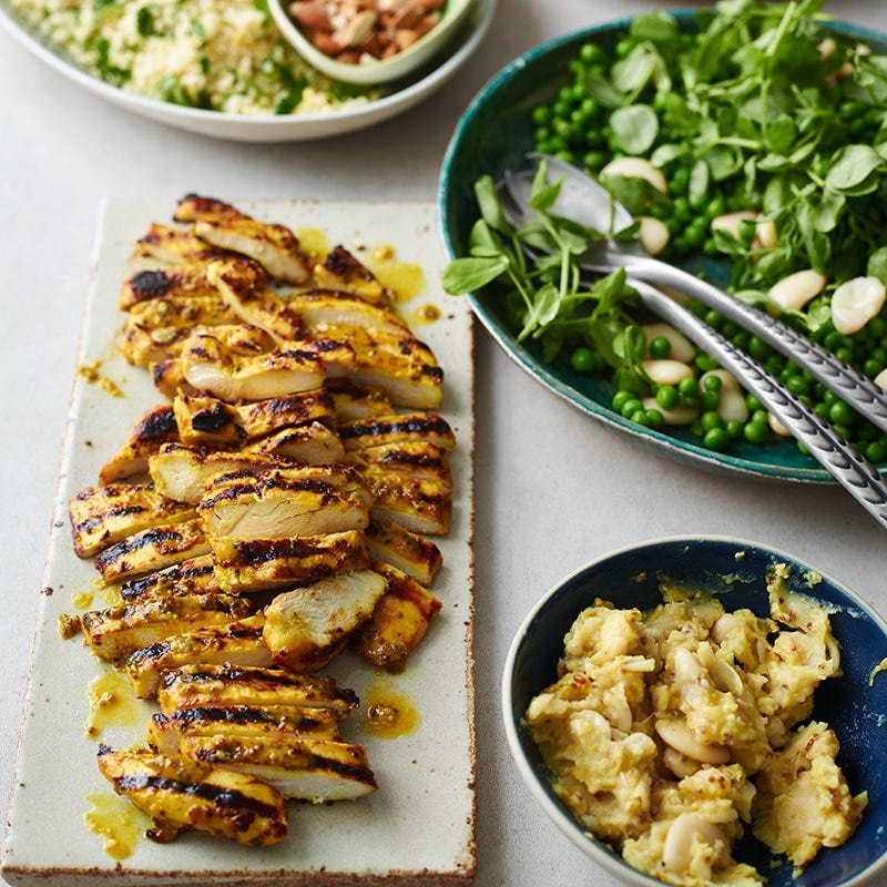 Golden chicken with butter bean hummus