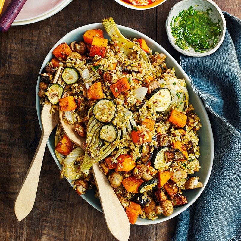 Roast vegetable and freekeh salad