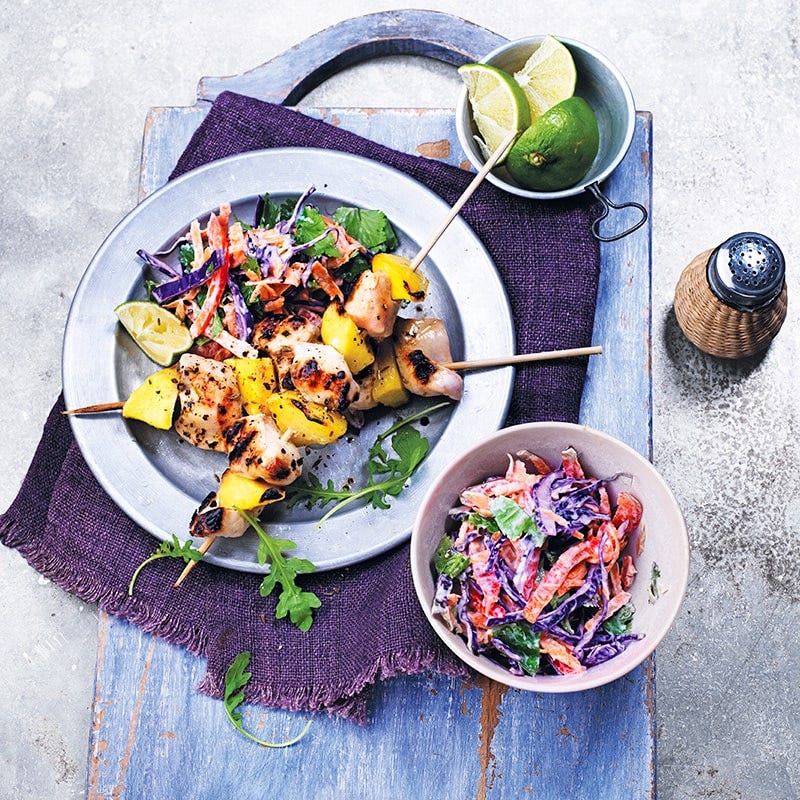 Chicken and mango kebabs with coleslaw