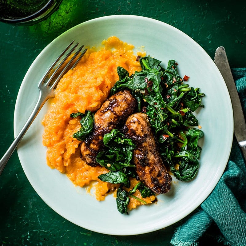 BBQ sausages with butternut pumpkin mash