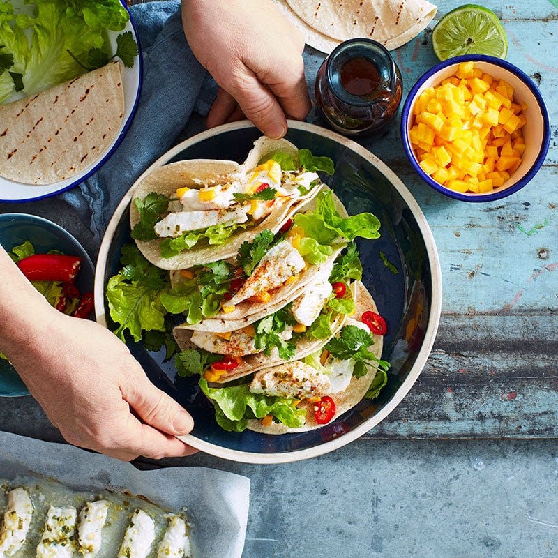 Fish tacos with mango salsa