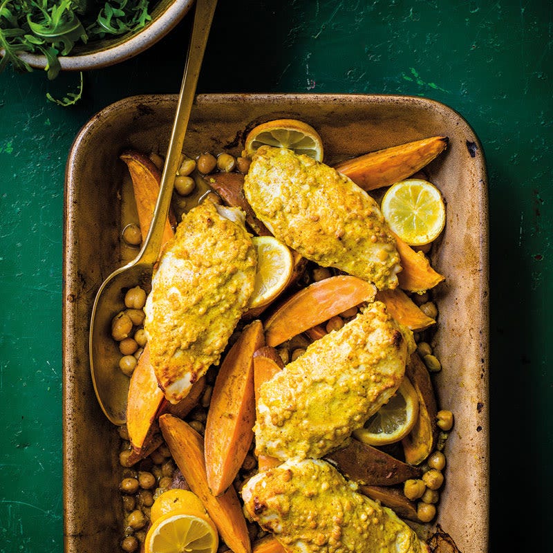 Curryhuhn mit gerösteten Süßkartoffeln