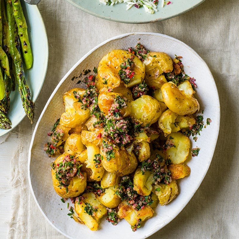 Smashed potatoes with chimichurri
