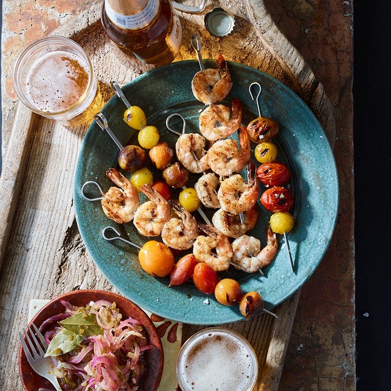 Prawn kebabs with onion and jalapeno relish