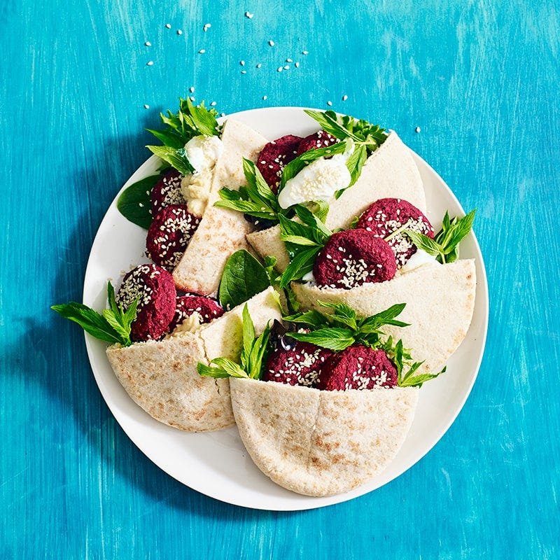 Beetroot falafel pitas