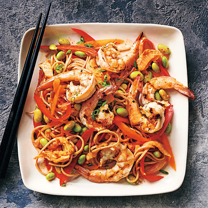 Kimchi soba with prawns and edamame