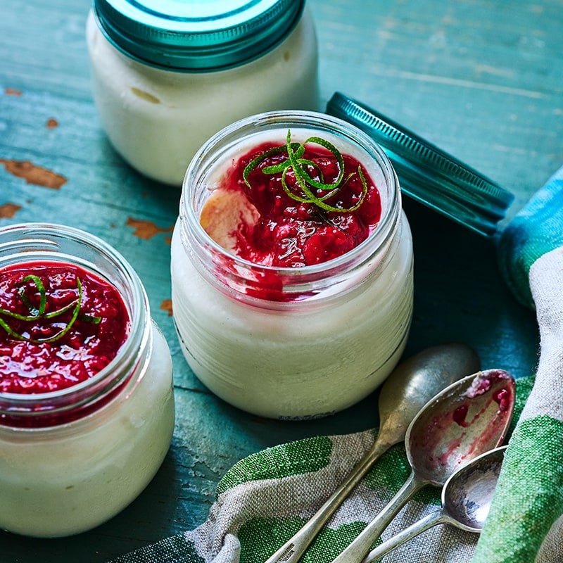 Raspberry-topped cheesecake pots