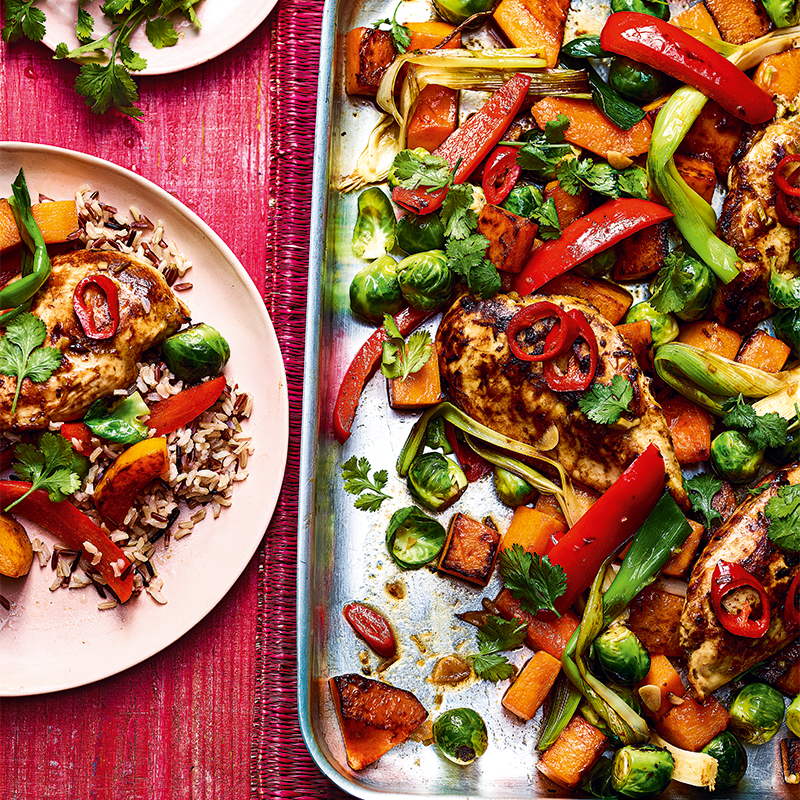 Sticky honey chicken and pumpkin tray bake